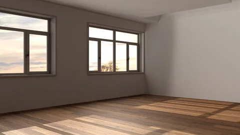 Dark late evening scene, empty room interior design, open space with parque.. Stock Illustration