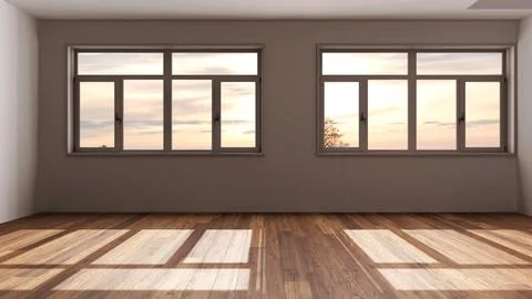 Dark late evening scene, empty room interior design, open space with parque.. Stock Illustration