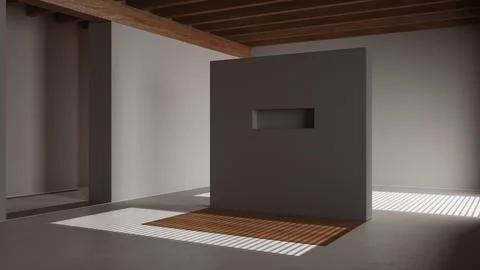 Dark late evening scene, empty room interior design, open space with resin .. Stock Illustration