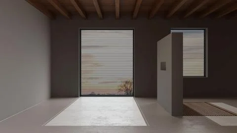 Dark late evening scene, empty room interior design, open space with resin .. Stock Illustration