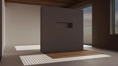 Dark late evening scene, empty room interior design, open space with resin .. Stock Illustration