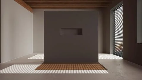 Dark late evening scene, empty room interior design, open space with resin .. Stock Illustration