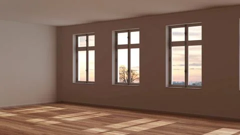 Dark late evening scene, empty room interior design, open space with parque.. イラスト素材