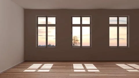 Dark late evening scene, empty room interior design, open space with parque.. イラスト素材