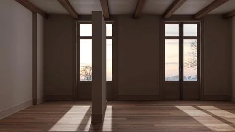 Dark late evening scene, empty room interior design, open space with parque.. イラスト素材