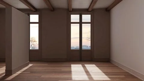 Dark late evening scene, empty room interior design, open space with parque.. イラスト素材