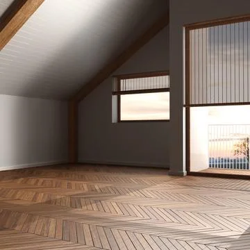 Dark late evening scene, empty room interior design, open space with parque.. Stock Photos