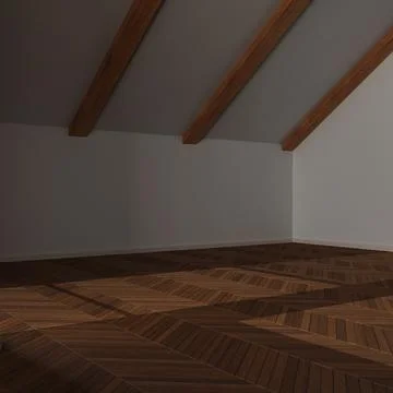 Dark late evening scene, empty room interior design, open space with parque.. Stock Photos