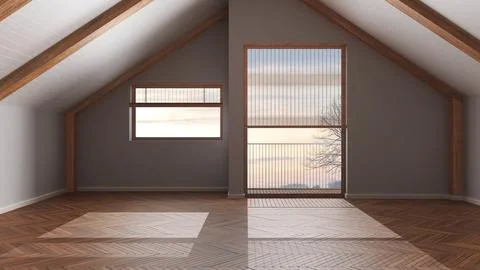Dark late evening scene, empty room interior design, open space with parque.. Stock Photos