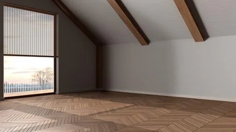 Dark late evening scene, empty room interior design, open space with parque.. Stock Photos