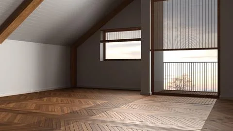 Dark late evening scene, empty room interior design, open space with parque.. Stock Photos