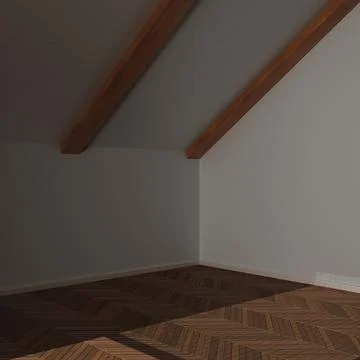 Dark late evening scene, empty room interior design, open space with parque.. Stock Photos
