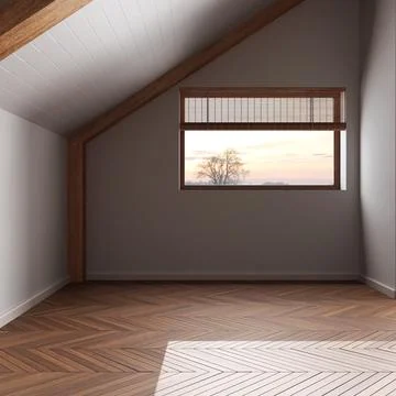 Dark late evening scene, empty room interior design, open space with parque.. Stock Photos