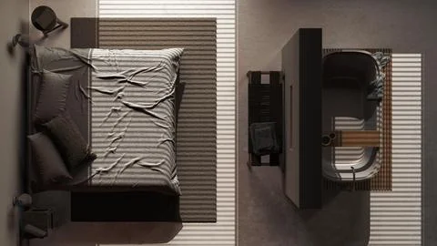 Dark late evening scene, japandi wooden bedroom with freestanding bathtub. .. Ilustração Stock