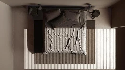 Dark late evening scene, minimal wooden bedroom with double bed. Duvet and .. Ilustração Stock