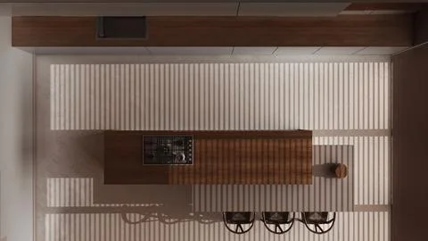Dark late evening scene, minimal wooden kitchen with island with resin floo.. Ilustração Stock