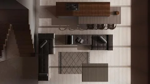 Dark late evening scene, minimal wooden kitchen with island and living room.. Ilustração Stock