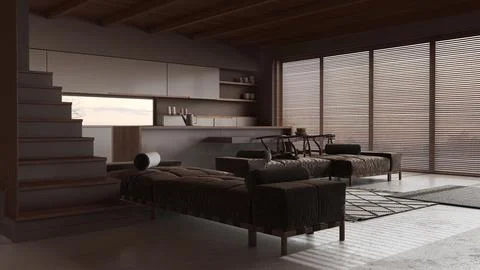 Dark late evening scene, minimal kitchen and living room with resin floor. .. Stock Illustration