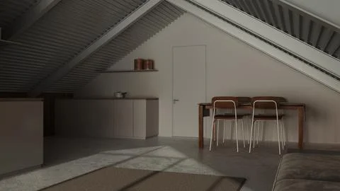 Dark late evening scene, minimal penthouse. Kitchen, living and dining room.. Stock Illustration