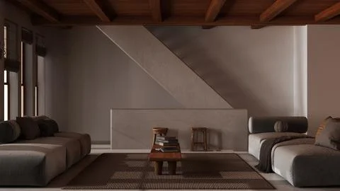 Dark late evening scene, minimal living room with wooden beams ceiling. Sof.. Stock Illustration