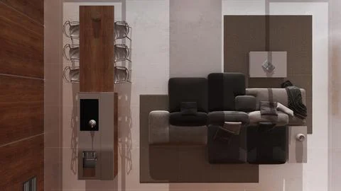 Dark late evening scene, minimal modern wooden kitchen and living room. Sof.. Stock Illustration