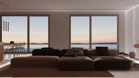 Dark late evening scene, minimal modern panoramic living room with velvet s.. Stock Illustration