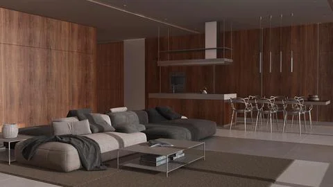Dark late evening scene, minimal modern wooden kitchen and living room. Vel.. Stock Illustration