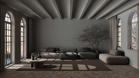 Dark late evening scene, minimal modern living room with sofa and carpet. S.. Stock Illustration