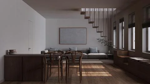 Dark late evening scene, minimalist nordic wooden kitchen and living room. .. Stock Illustration