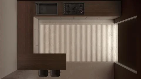Dark late evening scene, modern wooden kitchen. Island with cabinets and re.. Stock Illustration