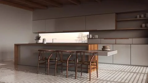 Dark late evening scene, modern wooden kitchen. Island with cabinets, chair.. Stock Illustration