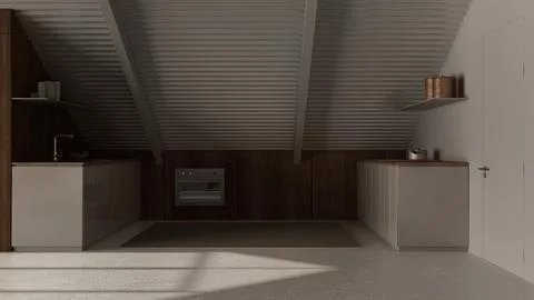 Dark late evening scene, modern mansard mezzanine, kitchen with cabinets an.. Stock Illustration