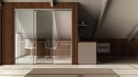 Dark late evening scene, modern mansard mezzanine, home office and kitchen .. Stock Illustration