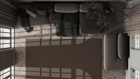 Dark late evening scene, modern living room. Velvet sofa with pillows and c.. Ilustração Stock