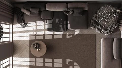 Dark late evening scene, modern living room with sofa and carpet, parquet f.. Ilustração Stock