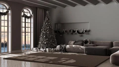Dark late evening scene, winter, Christmas, New Year interior design in min.. Stock Illustration