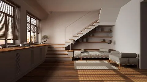 Dark late evening scene, wooden kitchen and living room. Cabinets with appl.. Stock Illustration