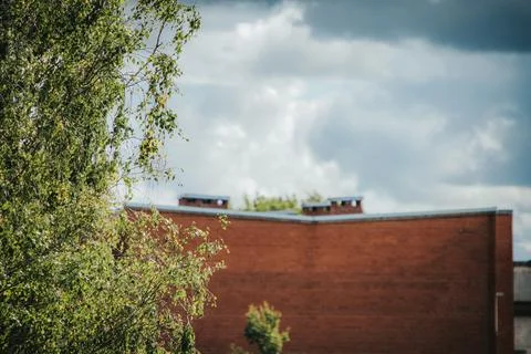 Dark, layered storm clouds tower over lush green trees. Stock Photos