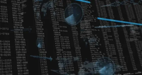 Dark lines sparking glow, data panel scrolling columns, globes and wave marking Stock Footage 328365850