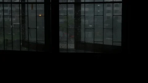 Dark Lonely Rainy Day View Through Old Window Bars with Rain Droplets Stock Footage 339518278
