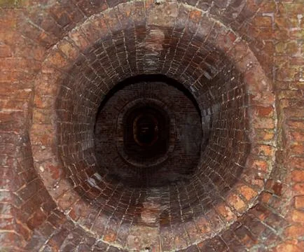 Dark long corridor lined with bricks old passage into the network of tunnels Stock Photos