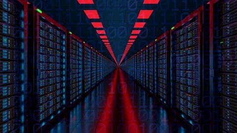 Dark long server room in data center full of telecommunication equipment Video stock 95982966