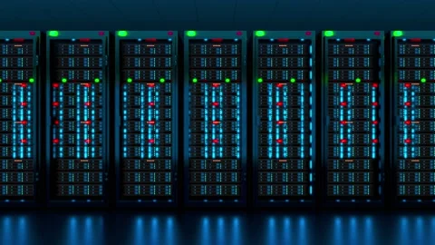 Dark  long server room in data center full of telecommunication equipment Stock Footage 141049680