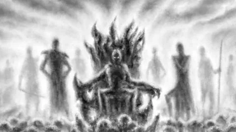 Dark lord sits on throne surrounded by his retinue. Myths and legends of forg Stock Illustration