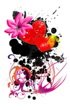 A dark love pattern with ink blots and flowers around two hearts Stock Illustration