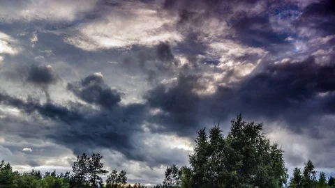 Dark low flying summer thick clouds over scandinavian forest trees top Stock Footage 89961229