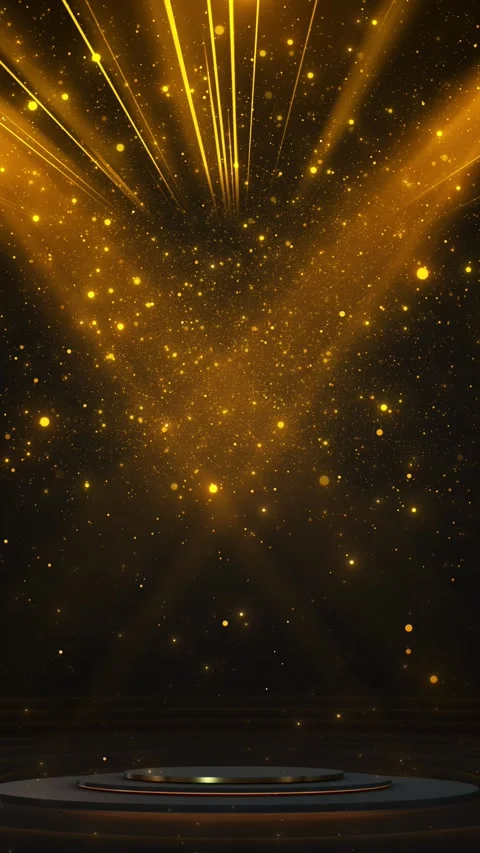 Dark luxury stage visual warm spot beams, gold particle dust, glowing podium, pr 動画素材 340470301