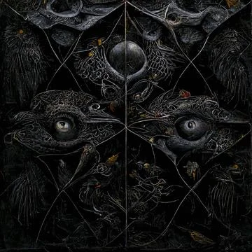 Dark Magical Portal with Carved Raven Heads and Feathers Stock Illustration