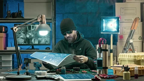 Dark man with a beard and glasses is studying the electrical circuits of a bomb. 스톡 동영상 99322369