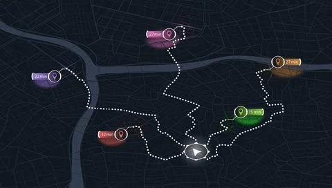 Dark map navigation interface with route time estimates and location pins. GPS Stock Illustration